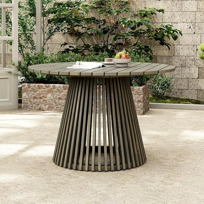 Christopher Knight Home Briar Farmhouse Acacia Wood Round Dining Table, Patio Dining Room Table with Unique Wooden Base for Backyard/Garden, Slatted Design Outdoor Dining Table, Light Teak