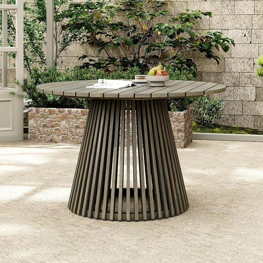 Christopher Knight Home Briar Farmhouse Acacia Wood Round Dining Table, Patio Dining Room Table with Unique Wooden Base for Backyard/Garden, Slatted Design Outdoor Dining Table, Light Teak