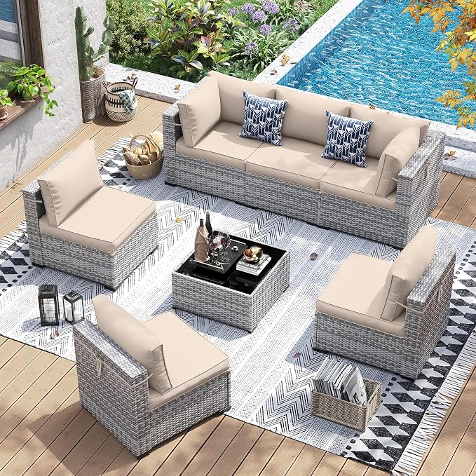 UDPATIO Patio Furniture Set, 7 Pieces PE Wicker Sectional Sofa with Tea Table, Outdoor Conversation Set for Patio, Garden, Backyard (Beige Cushions with Grey Rattan)