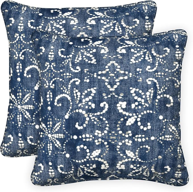 Honeycomb Outdoor Square Toss Pillow Covers, 18 x 18, 2-Pack | Boheme Indigo Slipcovers, Water & Fade Resistant for Patio Furniture Set, Cover Only, No Insert