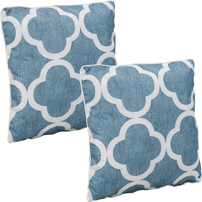 Sunnydaze 16-Inch Square Outdoor Decorative Throw Pillows - Set of 2 - Blue and White Quatrefoil