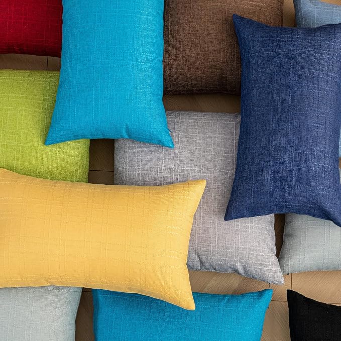 Kevin Textile Outdoor Waterproof 12”x20” Lumbar Pillow Covers 2 Pack, Blue | Water Resistant, Soft Faux Linen-cotton Yarn-dyed Woven Texture Throw Pillow Covers for Tent Patio Garden Couch Sofa