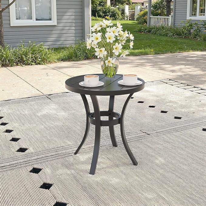 Patio Dining Set for 2, 18.5" Round Metal Patio Side Table and Stackable Wicker Patio Chairs, Outdoor Furniture Set for Porch Garden, Walnut Chairs, Black Table