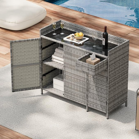 47.5" W Wicker Outdoor Storage Cabinet with Tempered Glass Desktop, Adjustable Shelf, Drawer, and Three Doors – Weather-Proof Rattan Bar Table for Outdoor Cushions and Pool Toys