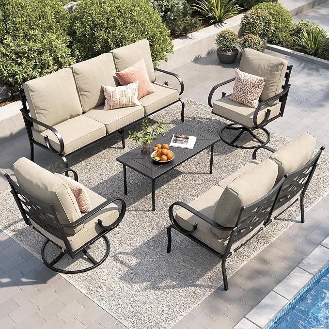 PHI VILLA Patio Furniture Set, 1 Loveseat, 3-Seater Sofa, 2 Swivel Chairs and a Coffee Table, Outdoor Metal Conversation Set with 5.75" Extra Thick Cushion for Garden Backyard Deck, Beige