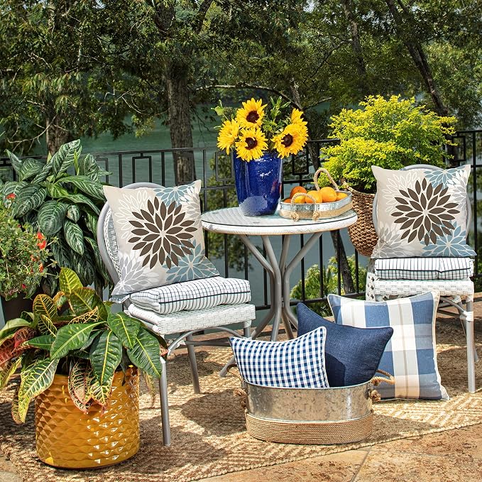 DFXSZ Outdoor Waterproof Pillow Covers 16x16 Set of 2 Brown Blue Flower | Spring Summer Waterproof Flower Throw Pillowcases（No Inserts）Outdoor Decor for Patio Funiture Garden Polyester Covers
