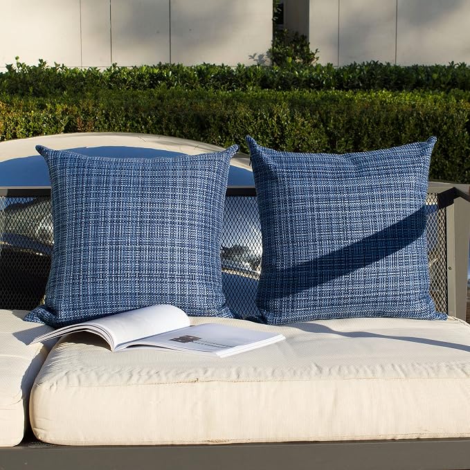 Kevin Textile Outdoor Waterproof 24x24 Inch Pillow Covers 2 Pack, Navy Blue | Water Resistant, Faux Linen Yarn-dyed, Woven Texture Euro Throw Pillow Covers for Tent Patio Garden Couch Sofa