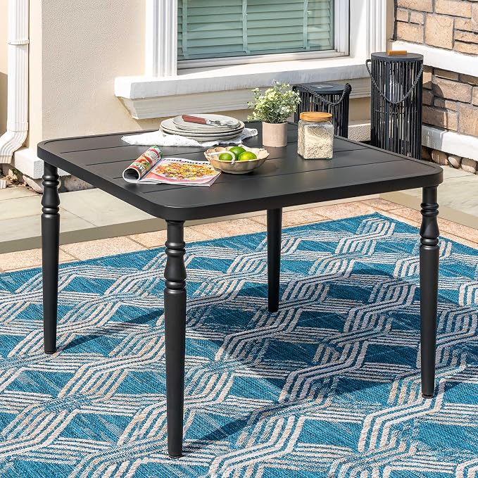 NUU GARDEN Outdoor 37” Dining Table, Square Metal Dining Table with Umbrella Hole, Patio Dining Table with Powder-Coated Frame and Slatted Tabletop, for Garden, Backyard and Balcony, Black