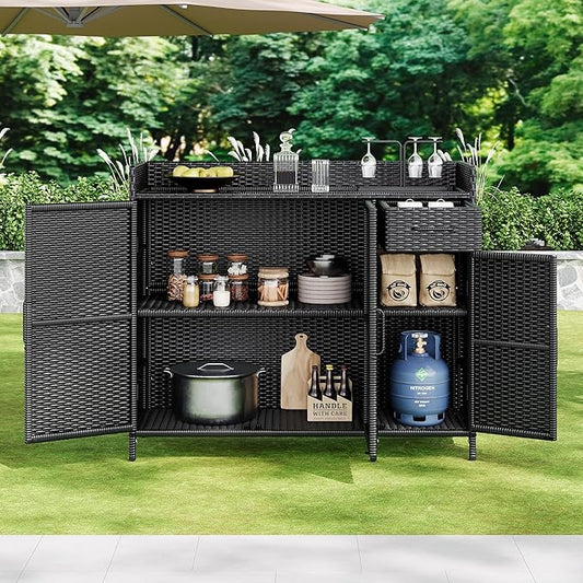 RUNNA Wicker Outdoor Storage Cabinet with Tempered Glass Desktop, Weather-Proof Rattan Bar Table with Three Doors, Adjustable Shelf, and One Drawer, for Outdoor Cushions, Pool Toys (Black Brown@045)