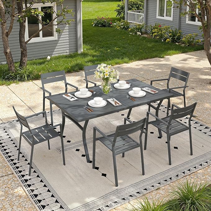 7 Pieces Patio Dining Set, 63" Outdoor Dining Table and Chairs Set for 6 Outdoor Furniture with Stackable Patio Chairs for Lawn Garden Backyard, Dark Grey Table and Grey Chairs
