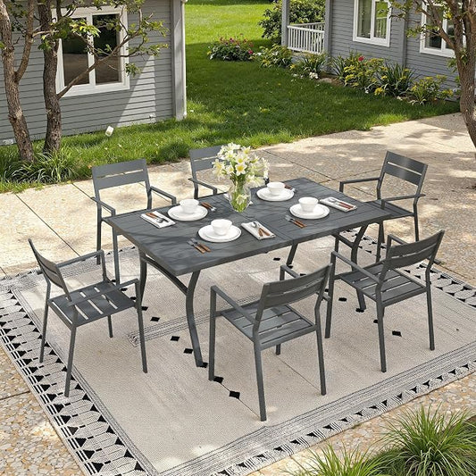 7 Pieces Patio Dining Set, 63" Outdoor Dining Table and Chairs Set for 6 Outdoor Furniture with Stackable Patio Chairs for Lawn Garden Backyard, Dark Grey Table and Grey Chairs