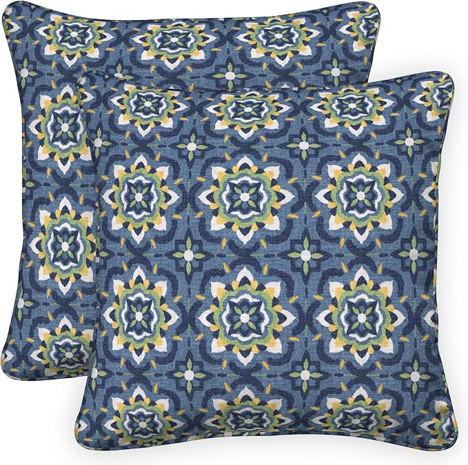 Honeycomb Outdoor Square Toss Pillow Covers, 18 x 18, 2-Pack | Medina Medallion Blue Slipcovers, Water & Fade Resistant for Patio Furniture Set, Cover Only, No Insert