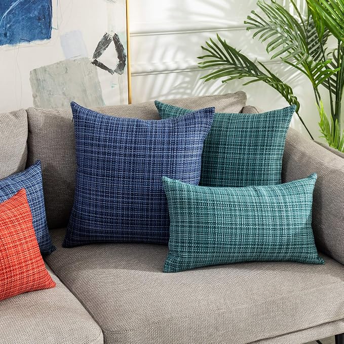 Kevin Textile Outdoor Waterproof 12"x24" Lumbar Pillow Covers 2 Pack, Teal | Water Resistant, Faux Linen Yarn-dyed, Woven Texture Throw Pillow Covers for Tent Patio Garden Couch Sofa