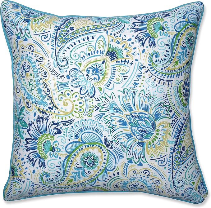 Pillow Perfect Paisley Indoor/Outdoor Accent Throw Pillow, Plush Fill, Weather, and Fade Resistant, Floor - 25" x 25", Blue/Yellow Gilford,