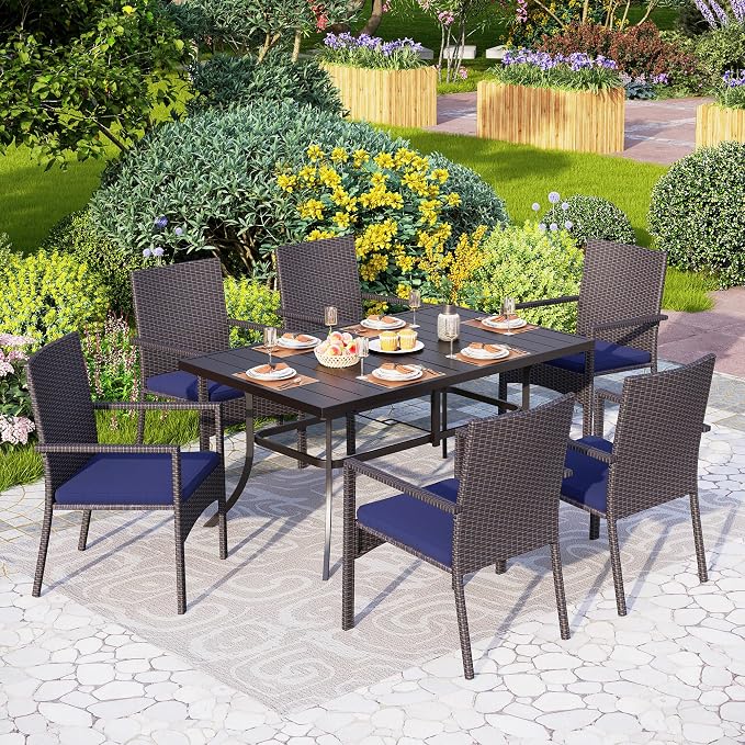 PHI VILLA 7 Piece Patio Dining Set, 60” Rectangular Table, Rattan Chairs | Outdoor Dining Set for 6, Metal Dining Table with Umbrella Hole, Wicker Chairs with Cushions for Patio, Deck, Porch