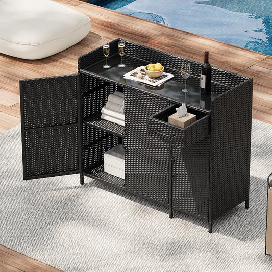 47.5" W Wicker Outdoor Storage Cabinet with Tempered Glass Desktop, Adjustable Shelf, Drawer, and Three Doors – Weather-Proof Rattan Bar Table for Outdoor Cushions and Pool Toys