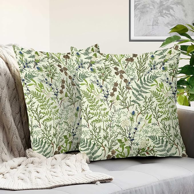 Green Plant Throw Pillow Covers 18x18 Inch Set of 2 Sage Green Botanical Leaf Pillow Covers Vintage Floral Cushion Cover Farmhouse Waterproof Decor for Living Room Bedroom Sofa Patio Outdoor