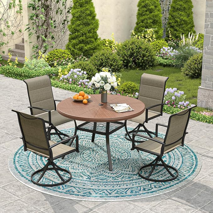 VICLLAX Round Patio Dining Table, 4 Person Aluminum Outdoor Dining Table with Umbrella Hole and Storage Shelf for Garden Lawn Deck, 40.6" Walnut