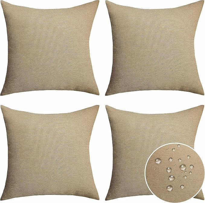 Home Brilliant Outdoor Pillows for Garden Patio Linen Throw Pillow Covers 20x20 Waterproof Euro Shams for Chairs Bedroom, 50x50 cm, Set of 4, Linen