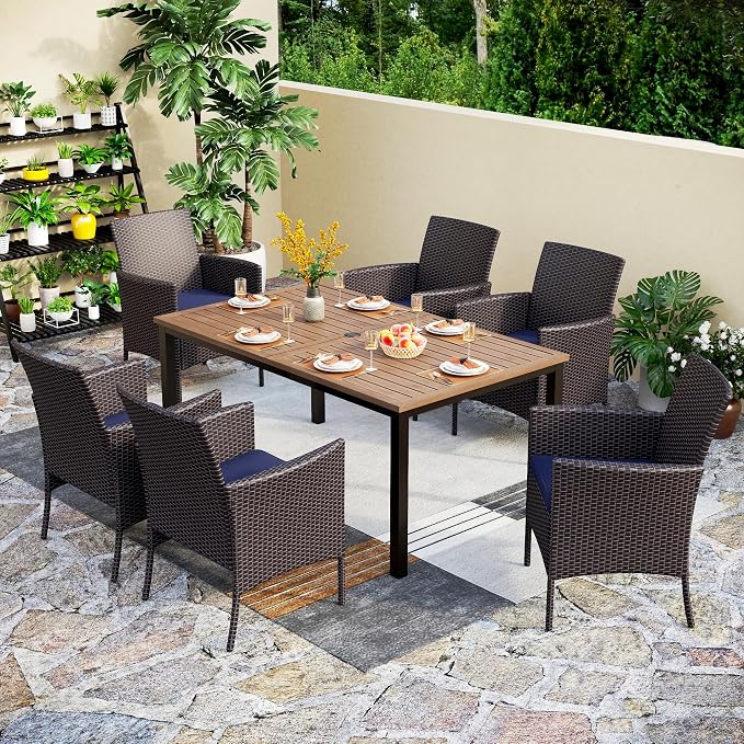 PHI VILLA 7 Piece Patio Dining Set, 64” Wood-Like Table, Rattan Chairs | Outdoor Dining Set for 6, Rectangular Table with Umbrella Hole, Wicker Chairs with Cushions for Patio, Deck, Porch