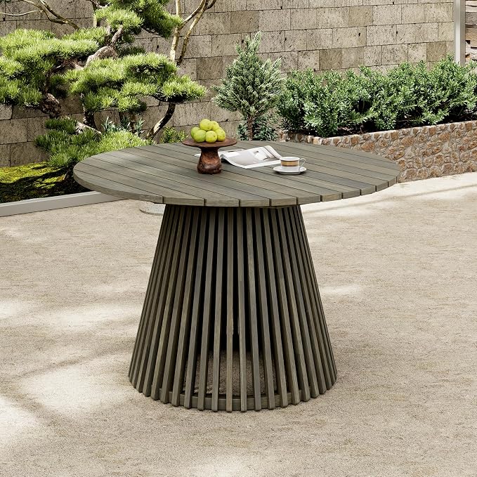 Christopher Knight Home Briar Farmhouse Acacia Wood Round Dining Table, Patio Dining Room Table with Unique Wooden Base for Backyard/Garden, Slatted Design Outdoor Dining Table, Light Teak