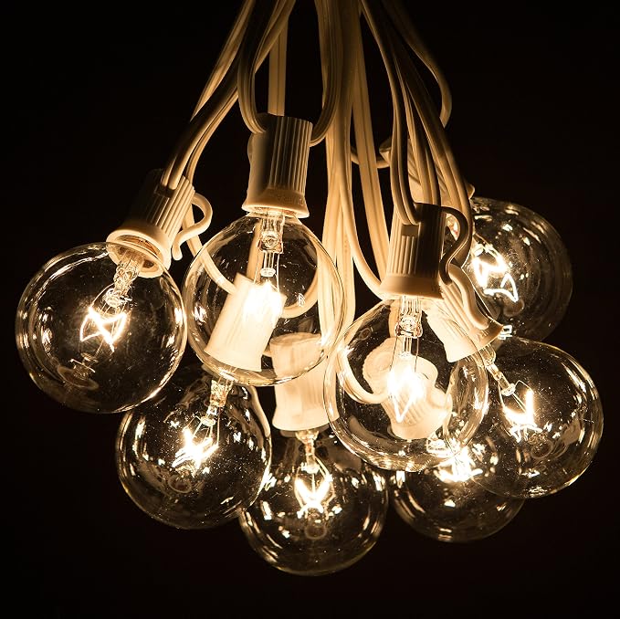 G50 Clear 2 Inch Light Bulbs with C7 Stringer 18 Gauge (White Wire, 50')