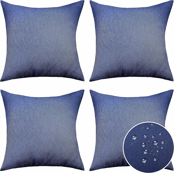 Home Brilliant Outdoor Pillows for Patio Furniture Waterproof Linen Pillow Covers Modern Throw Pillow Covers for Living Room, 4 Pieces, 16 inches(40 x 40cm), Dark Blue
