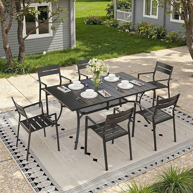 Patio Dining Set for 6, 59.2" Outdoor Dining Table and Chairs Set with Stackable Patio Chairs Outdoor Furniture for Garden Deck Backyard, Black Table and Black Chairs