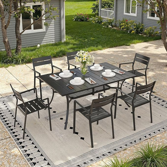 Patio Dining Set for 6, 59.2" Outdoor Dining Table and Chairs Set with Stackable Patio Chairs Outdoor Furniture for Garden Deck Backyard, Black Table and Black Chairs