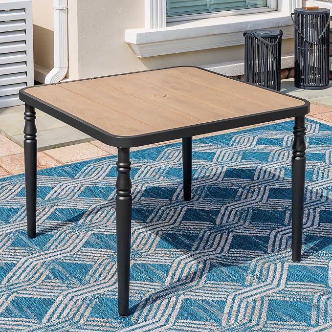 NUU GARDEN Outdoor 37” Square Metal Dining Table, Patio Dining Table with Umbrella Hole, Powder-Coated Metal Table with Faux Wood Tabletop, for Patio, Garden, Backyard and Balcony, Black