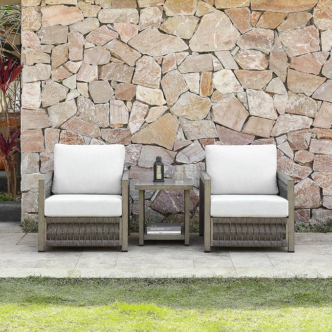2 Pieces Patio Armchair, Rope Weave Outdoor Chair with Widened Armrests & Thick Cushions, All-Weather Aluminum Deep Seating Chair, Never Rust Patio Furniture for Garden, Porch, Deck, Gray Oak