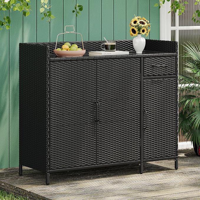 47.5" W Wicker Outdoor Storage Cabinet with Tempered Glass Desktop, Adjustable Shelf, Drawer, and Three Doors – Weather-Proof Rattan Bar Table for Outdoor Cushions and Pool Toys