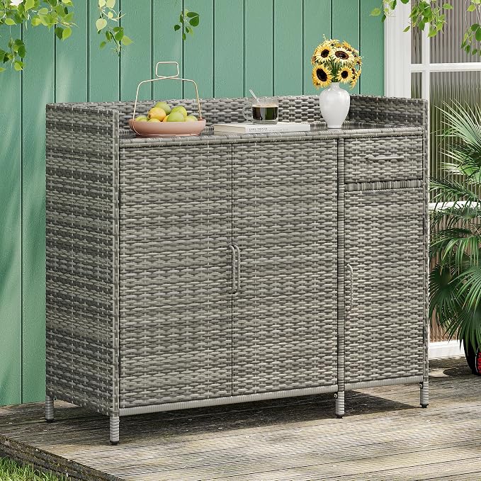 47.5" W Wicker Outdoor Storage Cabinet with Tempered Glass Desktop, Adjustable Shelf, Drawer, and Three Doors – Weather-Proof Rattan Bar Table for Outdoor Cushions and Pool Toys
