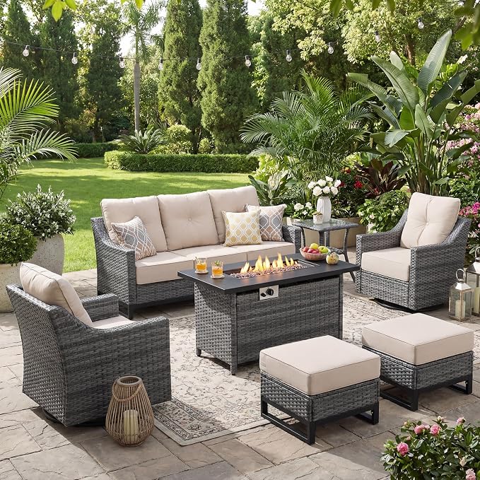 7 Piece Wicker Patio Furniture Set with 6" Thick Cushions, High Back Wicker Swivel Rocker Chairs, All Weather Conversation Set for Porch Deck Backyard Poolside (Beige)