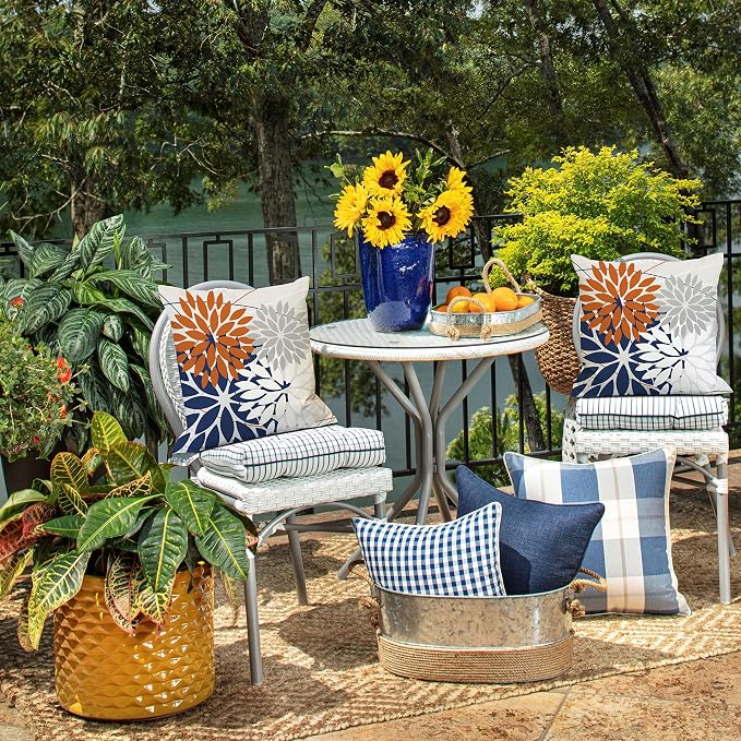 DFXSZ Pack of 2 Outdoor Waterproof Throw Pillow Covers 18x18 Orange Blue | Polyester Spring Summer Fall Floral Decorative Cushion Cases(NO INSERT),For Couch Patio Funiture Garden Home Decor