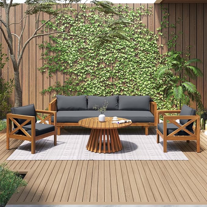 Merax Outdoor 4-Piece Acacia Wood Conversation Set - Patio 3-Seat Loveseat Sofa Daybed with Cushion, 2 Armchair and Round Coffee Table for Backyard, Lawn, Balcony, Teak+Dark Gray