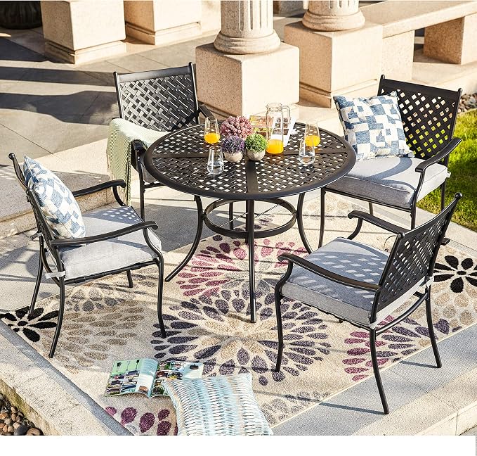 LOKATSE HOME 42.1'' Outdoor Patio Bistro Metal Wrought Iron Round Dining Table with Umbrella Hole - Black