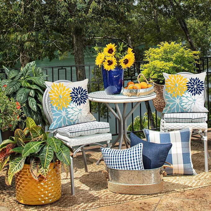 DFXSZ Pack of 2 Outdoor Waterproof Throw Pillow Covers 16x16 Yellow Blue | Polyester Colorful Spring Summer Floral Decorative Cushion Cases(NO INSERT),For Couch Patio Funiture Garden Home Decor