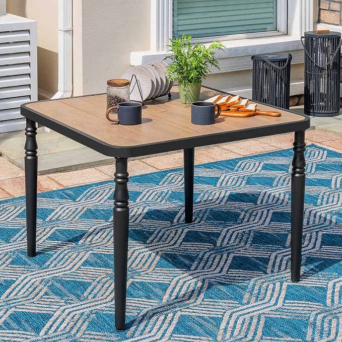 NUU GARDEN Outdoor 37” Square Metal Dining Table, Patio Dining Table with Umbrella Hole, Powder-Coated Metal Table with Faux Wood Tabletop, for Patio, Garden, Backyard and Balcony, Black