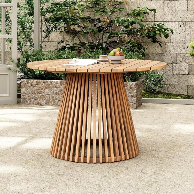 Christopher Knight Home Briar Farmhouse Acacia Wood Round Dining Table, Patio Dining Room Table with Unique Wooden Base for Backyard/Garden, Slatted Design Outdoor Dining Table, Light Teak