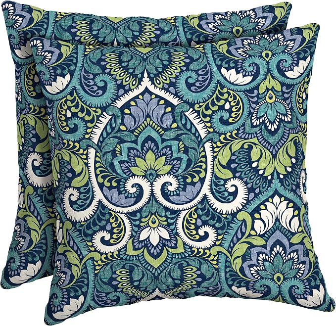 Arden Outdoor Toss Pillow, 2-Pack, 16x16, Blue Damask | Indoor/Outdoor Décor, Rain-Proof, Fade Resistant, Mold and Mildew Resistant