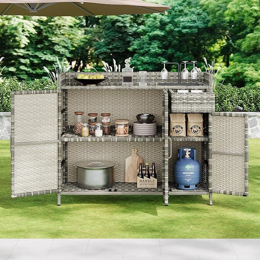 RUNNA Wicker Outdoor Storage Cabinet with Tempered Glass Desktop, Weather-Proof Rattan Bar Table with Three Doors, Adjustable Shelf, and One Drawer, for Outdoor Cushions, Pool Toys (Grey@045)