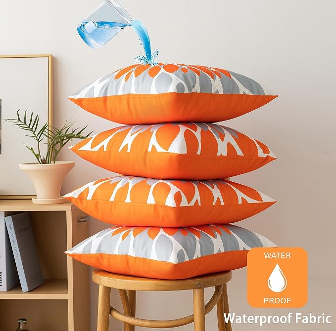 Pack of 4 Fall Outdoor Waterproof Pillow Covers 18x18 Decorative Outdoor Throw Pillows Garden Square Cushion Cases for Patio Furniture, Couch, Tent Sunbrella, Bench, Orange Grey