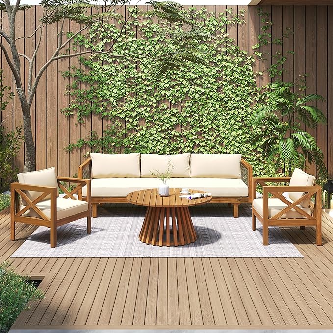 Merax Outdoor 4-Piece Acacia Wood Conversation Set - Patio 3-Seat Loveseat Sofa Daybed with Cushion, 2 Armchair and Round Coffee Table for Backyard, Lawn, Balcony, Beige + Teak
