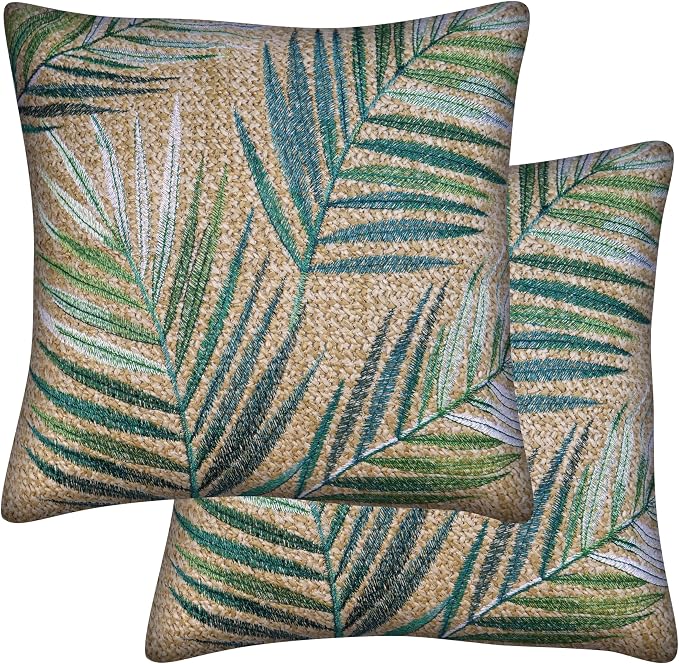 Honeycomb Outdoor Square Toss Pillows for Patio Furniture, 17 x 17, 2-Pack | Raffia Palm Green Throw Pillows, Water & Fade Resistant for Patio Furniture Set, 2-Pack