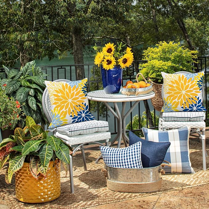 DFXSZ Outdoor Waterproof Pillow Covers 20x20 Set of 2 Yellow Blue Flower | Spring Summer Waterproof Flower Throw Pillowcases（No Inserts）Outdoor Decor for Patio Funiture Garden Polyester Covers