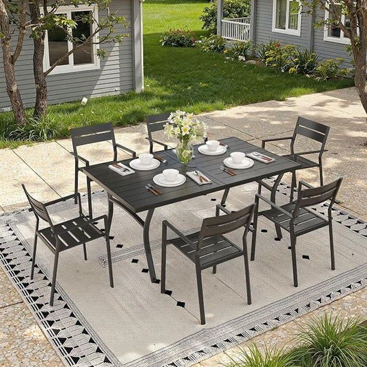 7 Pieces Patio Dining Set, 63" Outdoor Dining Table and Chairs Set for 6 Outdoor Furniture with Stackable Patio Chairs for Lawn Garden Backyard, Black Table and Black Chairs