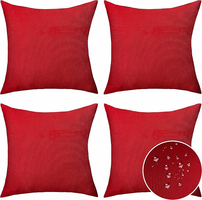 Home Brilliant Outdoor Pillow Covers 16x16 Set of 4, Red Outdoor Throw Pillows for Couch Patio Waterproof Slipcovers for Holiday, 16 inches, 40 cm, 4 Pieces, Red