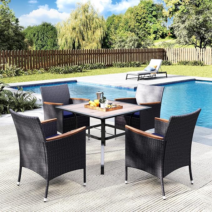 MFSTUDIO 5 Pieces Patio Dining Set, Outdoor Table and Chairs for 4, Outdoor Rattan Dining Furniture Set, Patio Wood-Like Metal Table with Wicker Chairs