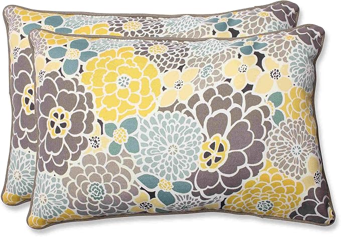 Pillow Perfect Bright Floral Indoor/Outdoor Accent Throw Pillow, Plush Fill, Weather, and Fade Resistant, Large Lumbar - 16.5" x 24.5", Blue/Tan Lois, 2 Count